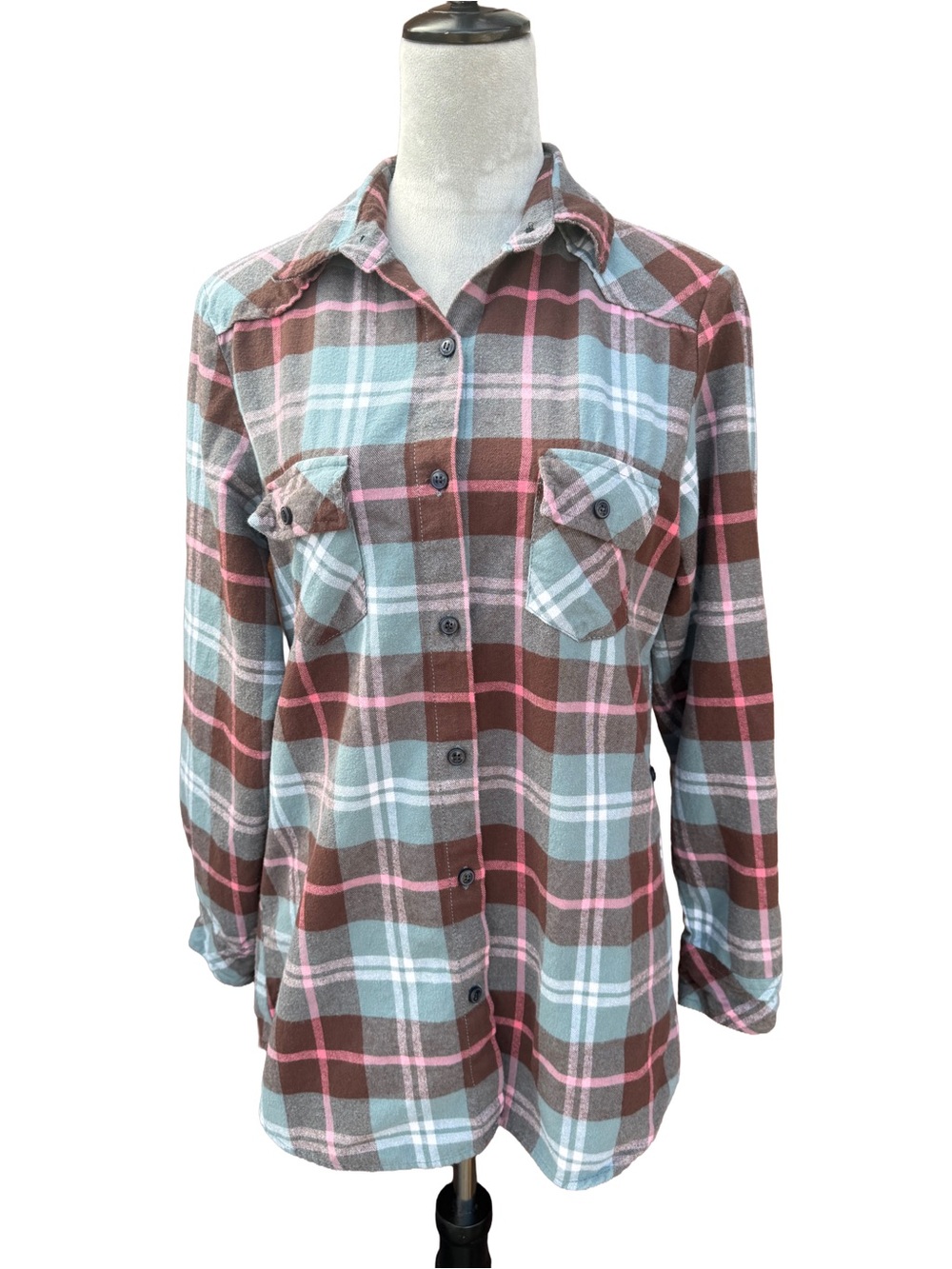 Matchstick Plaid Flannel Shirt M Pastel Blue Pink Brown Gorpcore Soft Grunge Y2K